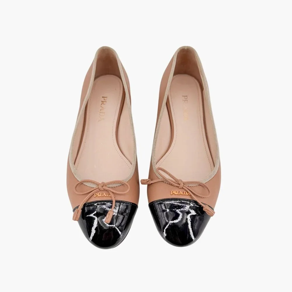 Prada Beige Black Cap Toe Logo Ballet Flats Leather Size 38 US 8 Women Two Tone - Picture 2 of 15